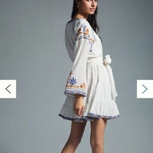 Anthropologie Embroidered White Dress with Blue and Orange Accents Size XS